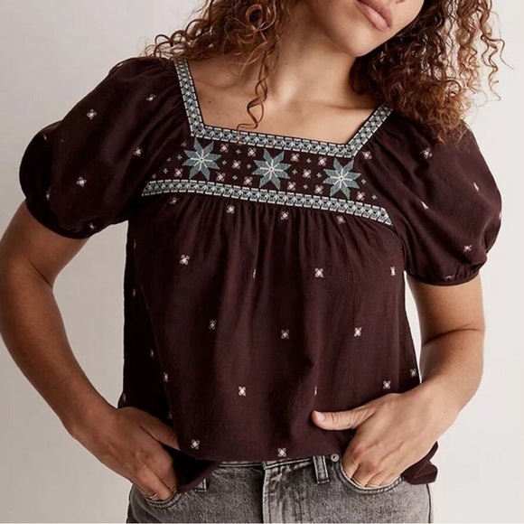 Madewell Tops - Madewell Embroidered Crinkle Cotton Puff Sleeve Blouse